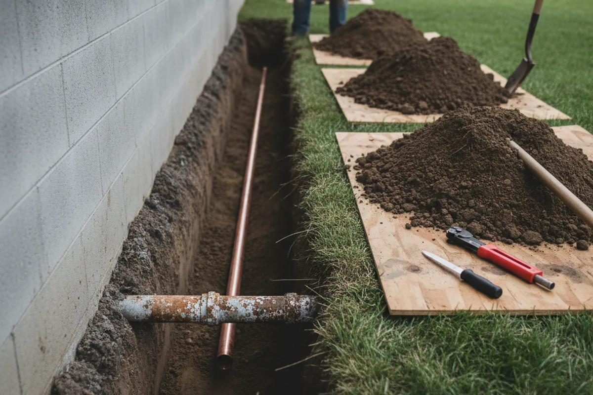 Excavated water line trench during Sewer Line Repair in Langhorne